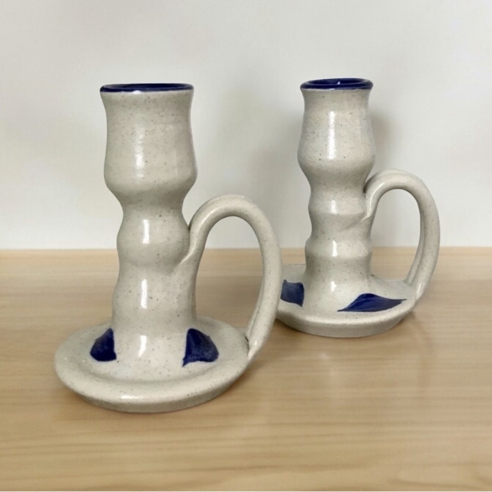 Williamsburg Pottery Salt Glaze Set of 2 Flat Candle Holders Beige Blue